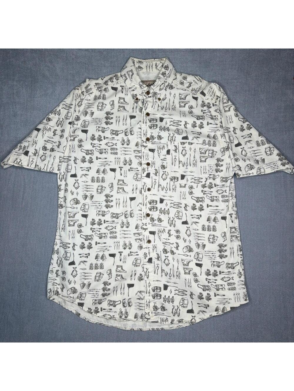 Woolrich Tan Short Sleeve Large Button Down Shirt All Over Fishing Lure Print